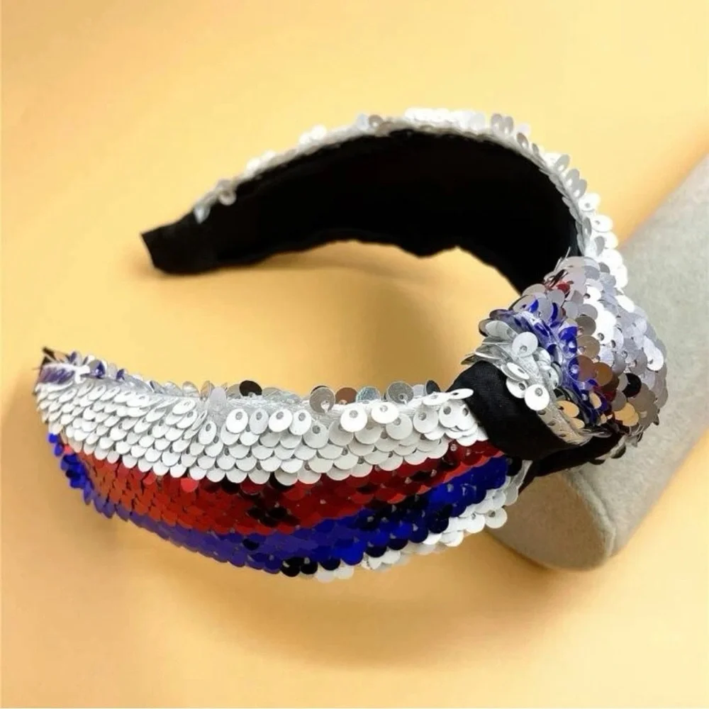 NWOT Patriotic Red White Blue Sequin Top Knot Headband